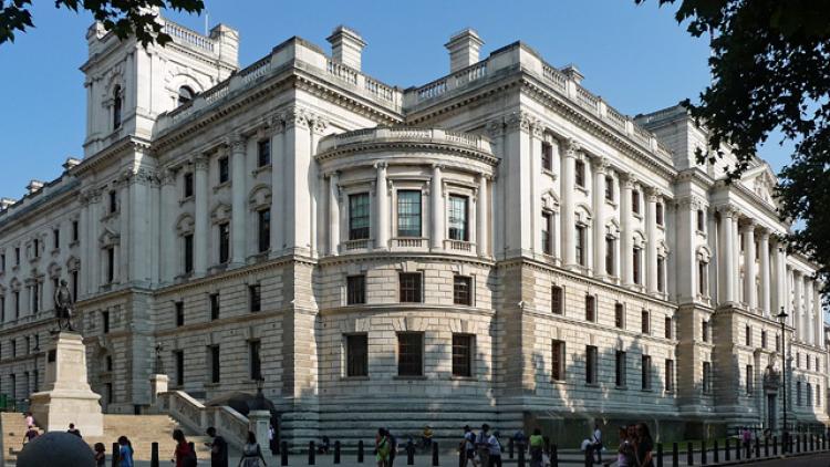 A photograph of the UK's Treasury offices, Horse Guards Road, London.