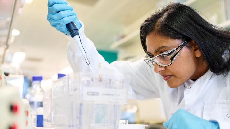Scientist in a lab, using a pipette