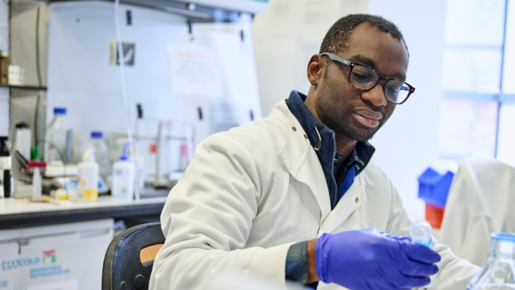 Scientist working in a lab looking at a test tube.