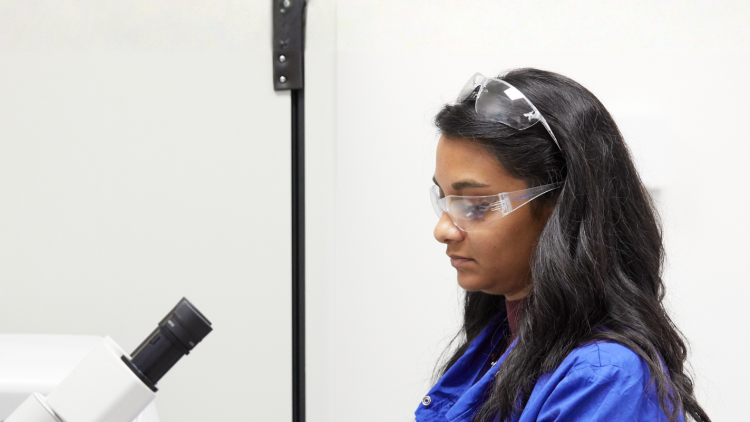 A scientist works at a microscope. 