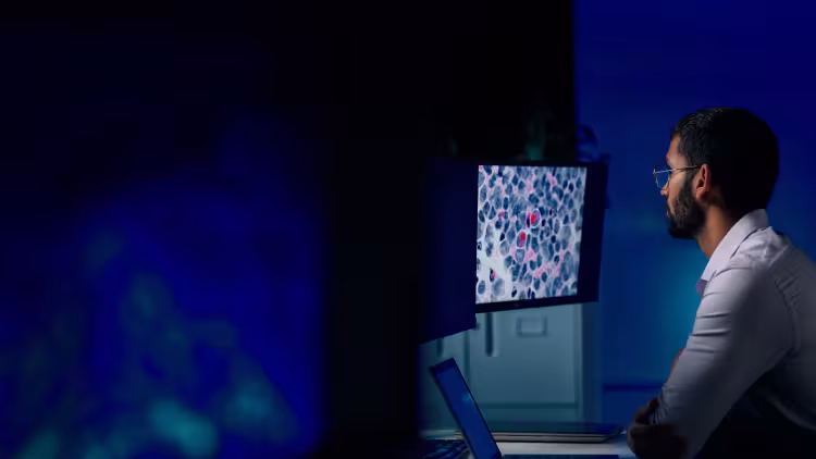Analyst looking at cell images on a screen