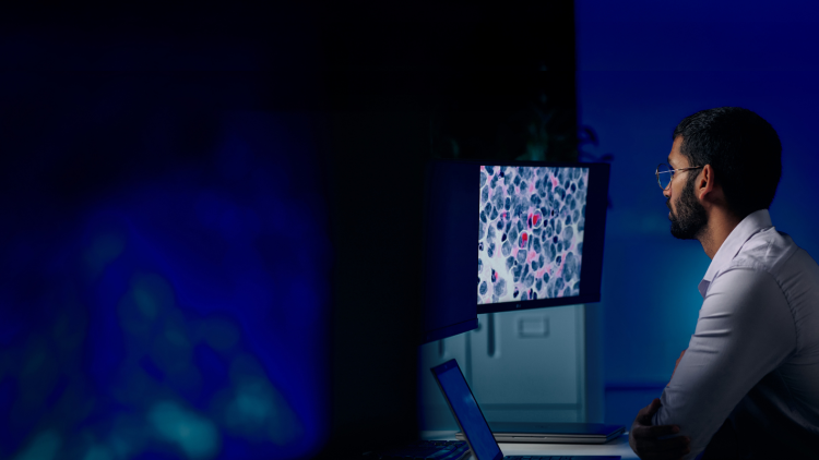 Analyst looking at cell images on a screen