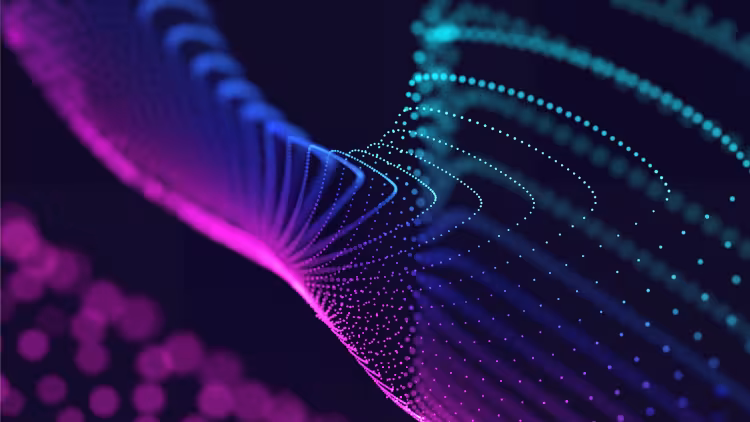 Abstract design indicating movement, in pink, bright blue and cyan colours with a dark blue background