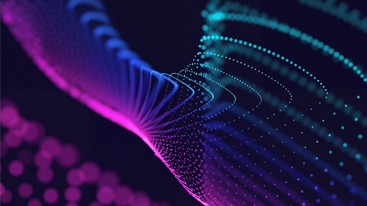 Abstract design indicating movement, in pink, bright blue and cyan colours with a dark blue background