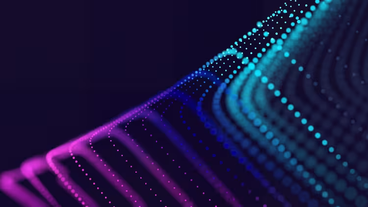 Abstract design indicating movement, in pink, bright blue and cyan colours with a dark blue background.