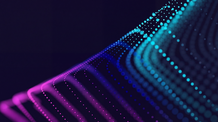 Abstract design indicating movement, in pink, bright blue and cyan colours with a dark blue background.
