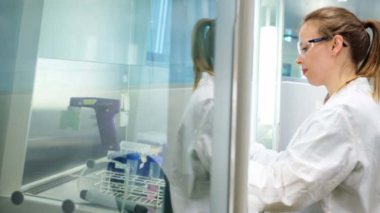A female scientist works at a fume cupboard in a lab. 