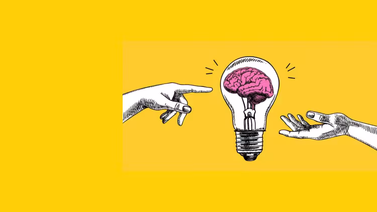 An illustration of two hands reaching towards a lightbulb with a brain inside