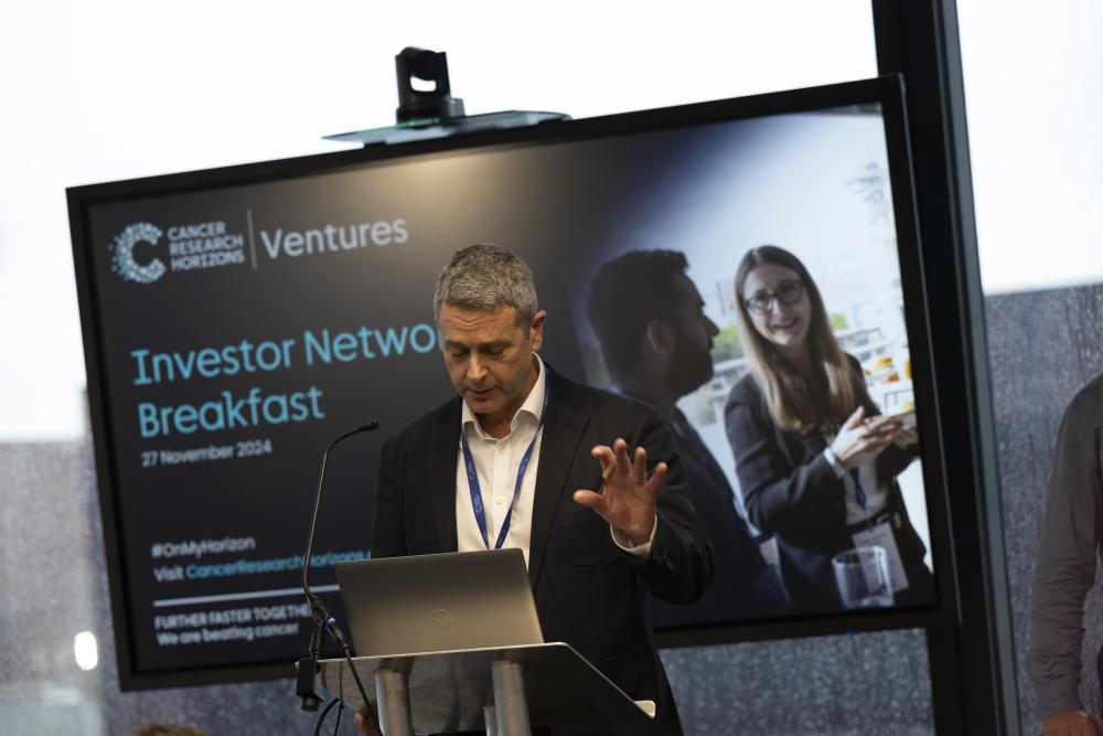 Phil Masterson delivering his introduction at the Cancer Research Horizons Investor Networking Breakfast in November 2024