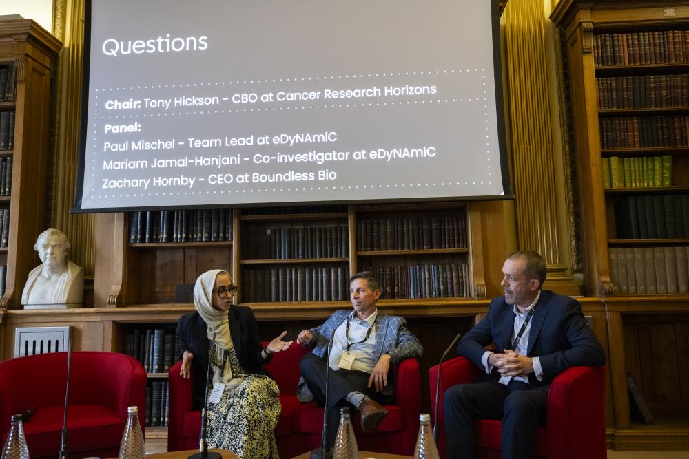 Mariam Jamal-Hanjani, Paul Mischel and Zach Hornby taking questions at the On the Horizon event in the Royal Society, 11 June.