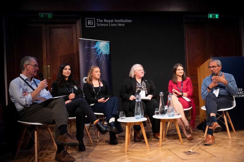 Phil Clare, Stephanie Avraamides, Sophie James, Angela Kukula, Karolina Zapadka and Uday Phadke at the 2025 Innovation Summit, discussing how to harness the power of the ecosystem.