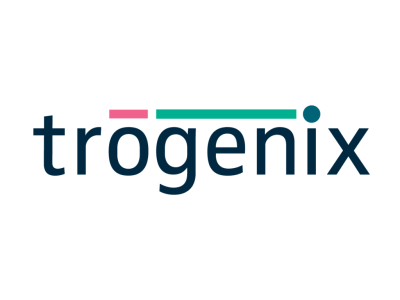 Trogenix logo with a teal rectangle, pink square, and dark blue circle. The text "Trogenix" is in dark blue, centred below the shapes.